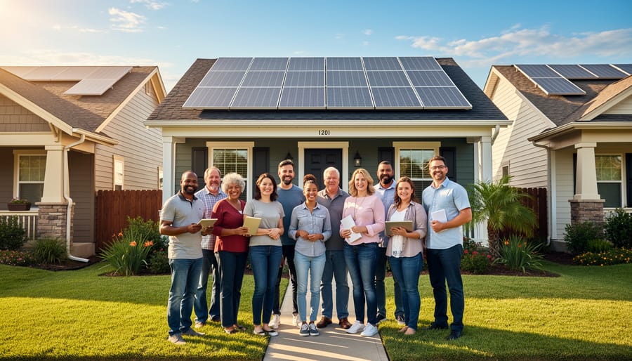 Family standing in front of their home with solar panels on roof
