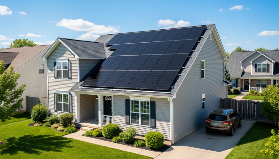Residential solar panel system installed on suburban home rooftop