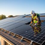 Rooftop view of a suburban house with sleek black solar panels at golden hour, seen from a slightly elevated angle, as a safety-equipped installer inspects the array; neighboring homes and trees visible in the background.