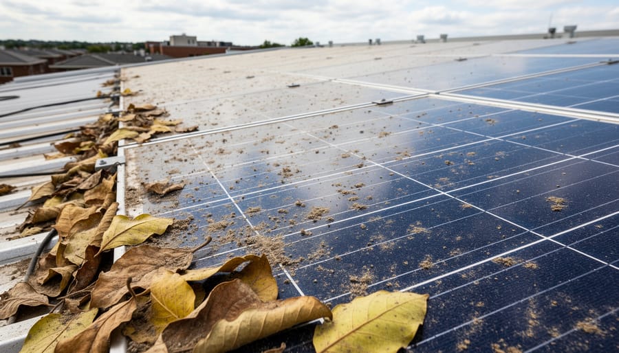 Residential solar panels with visible dust streaks and fallen leaf debris on the surface
