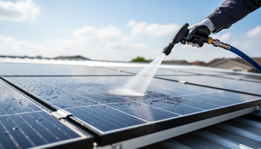 Gloved hands rinsing solar panels with a gentle water stream