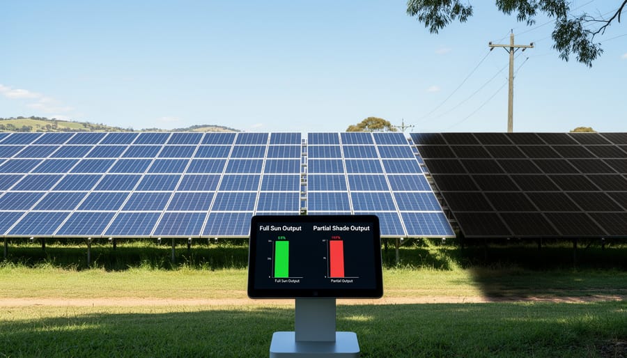 Tree branches casting partial shade over a rooftop solar panel array
