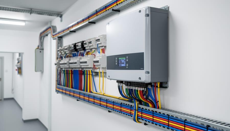Close-up of a solar inverter electrical enclosure with visible wiring and components