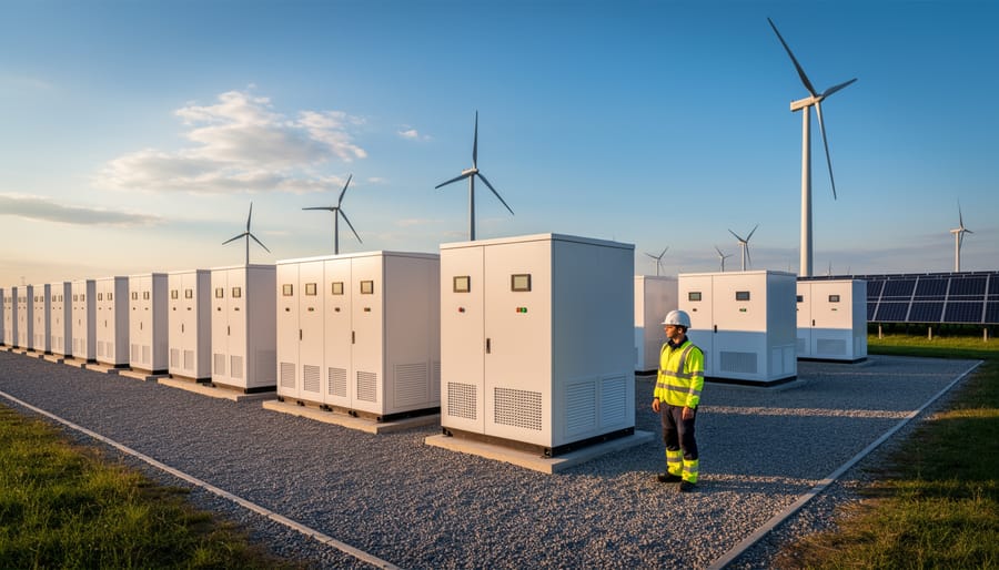 Battery storage unit positioned beside a solar installation with background solar panels out of focus.