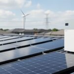 Rooftop solar panels with a residential battery storage unit next to the home, with a wind turbine visible in the distant background under daylight.