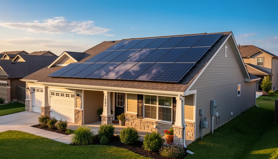 Rooftop solar panels installed on a modern house in a suburban neighborhood.
