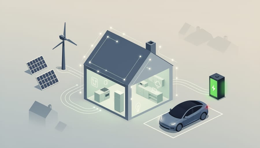 Technician or homeowner standing beside solar and battery equipment with energy controller in a home environment.