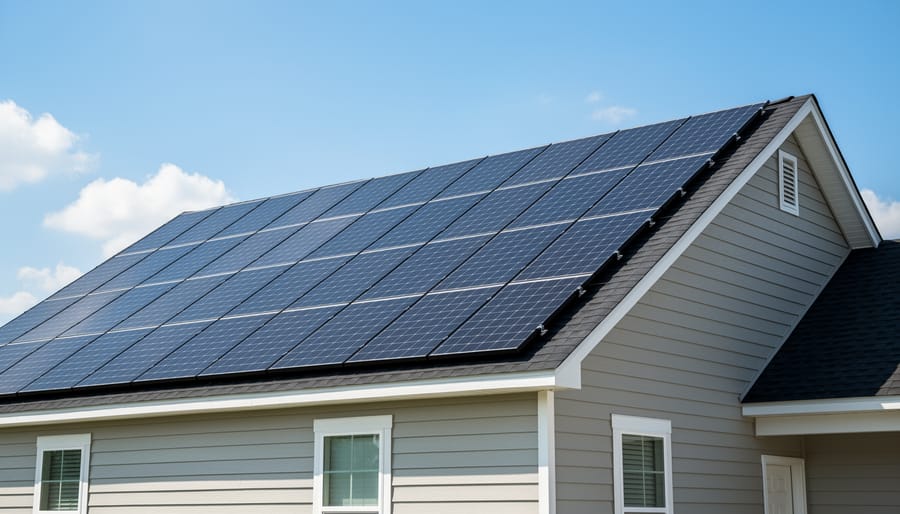 Rooftop solar panels installed on a suburban home under daylight.