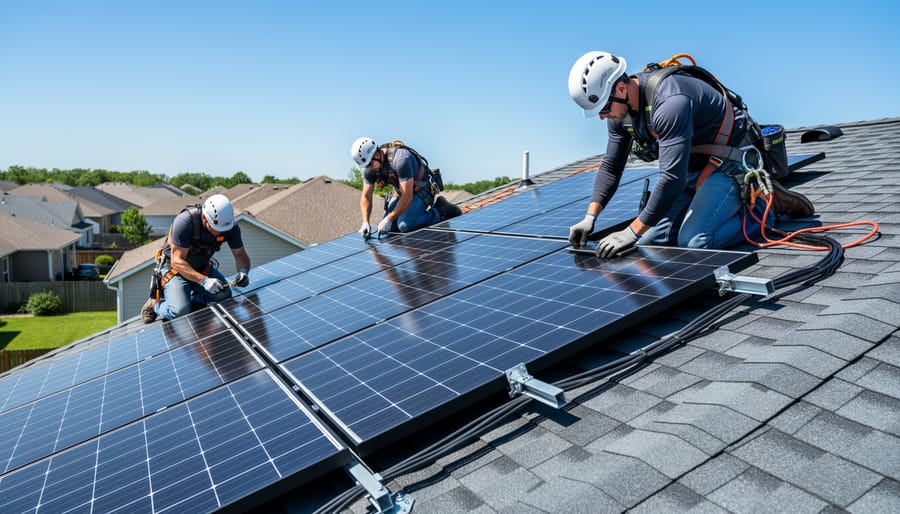 Solar installer working on a rooftop near mounted solar panels.