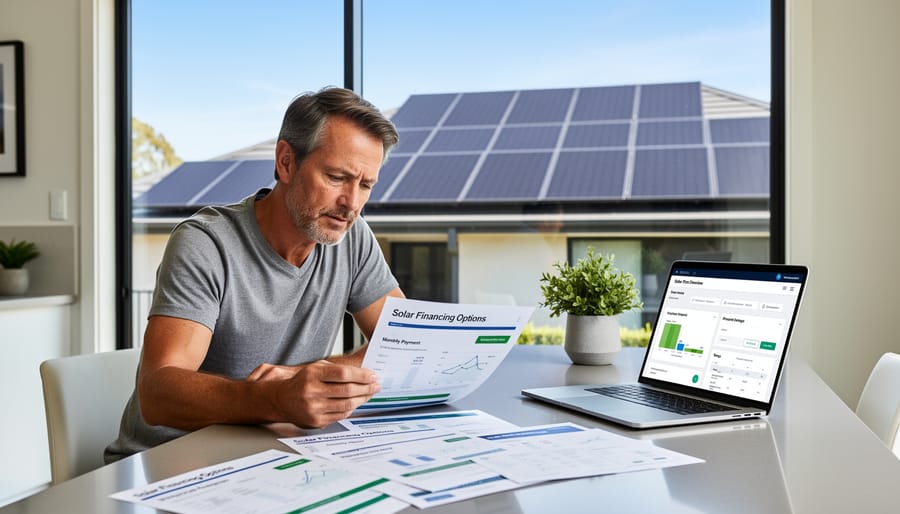 Homeowner holding solar financing paperwork near a house with solar panels on the roof