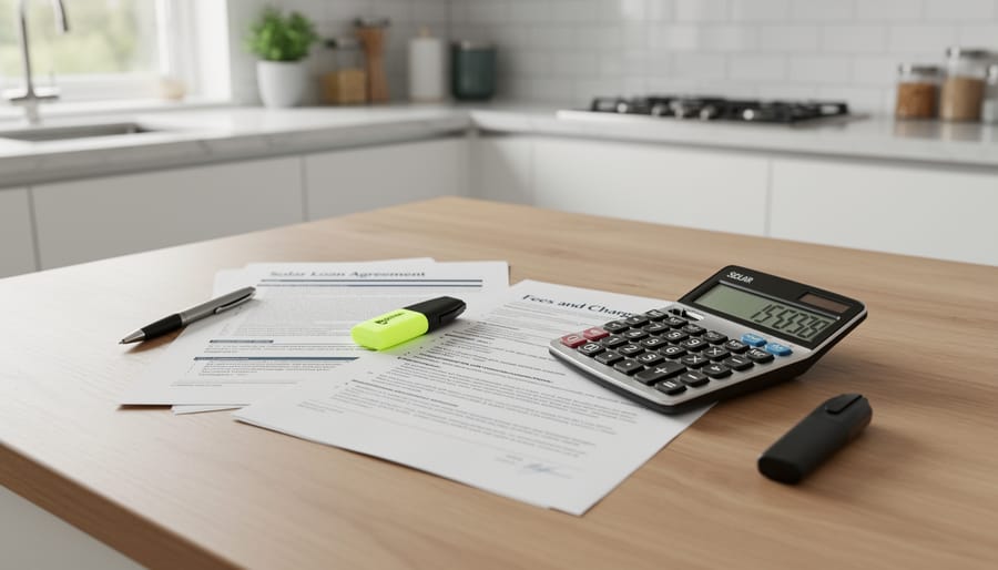 Calculator and paperwork on a kitchen table in warm sunlight indicating review of loan documents