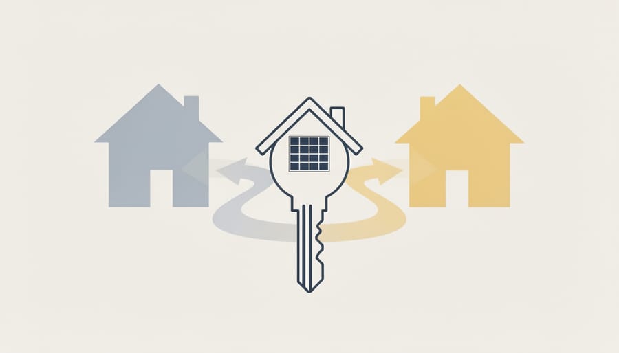 Home key in a homeowner’s hand near a sunlit window with solar panel reflection