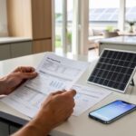 Homeowner reviewing solar financing paperwork at a table with a small solar panel model in front of them.