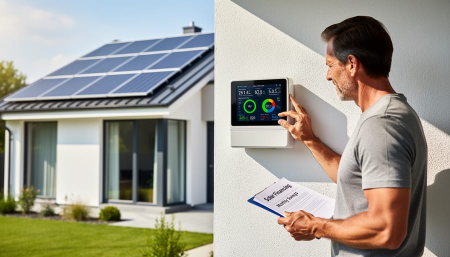 Hands holding a smartphone near a solar utility meter with no visible text